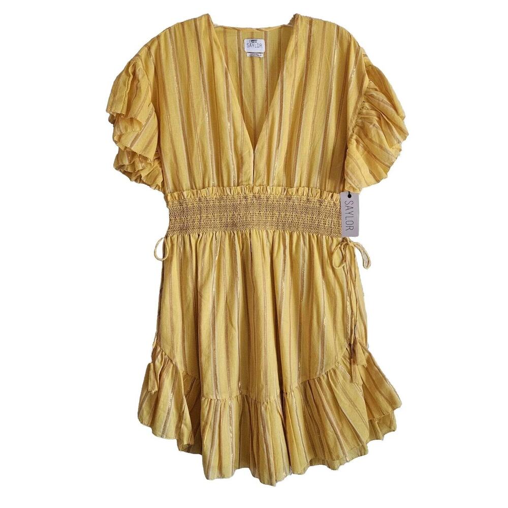 SAYLOR Women M Adrianne Dress Yellow Gold Metallic Mini Ruffle Smocked Waist